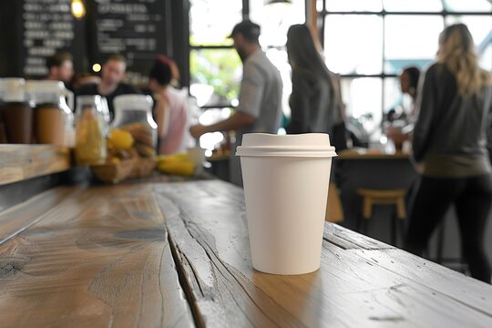 mockup of an empty cup on a coffee shop wood counter with people on the background