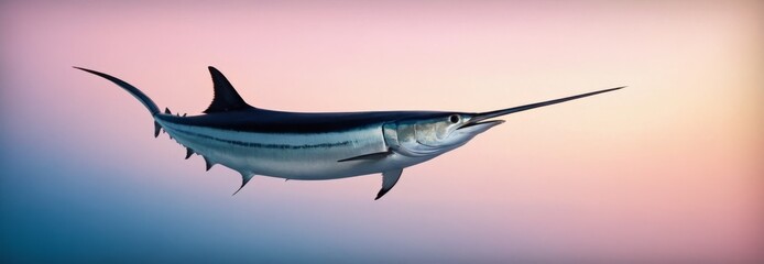 Swordfish in the ocean, wide panorama, minimalist design. Sport fishing concept, nature, sea animals