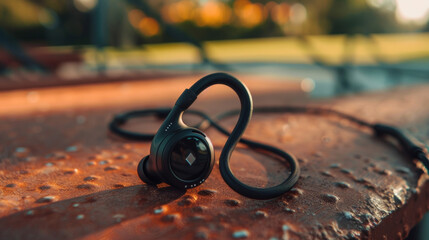 An overhead view of a lightweight compact sports earbud with a heart rate monitor built into the earpiece. The earbud connects to a smartphone app and tracks heart rate distance