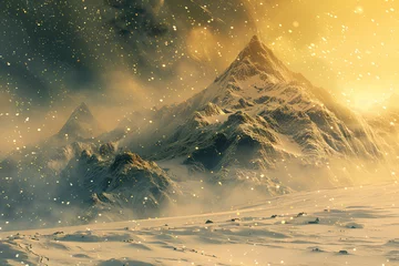 Papier Peint photo Lavable Orange Golden snow-capped mountain looms over vast land, mystically lit by aurora. Wide-angle lens captures dreamlike landscape with glittering magic