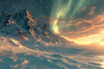 Papier Peint photo autocollant Couleur saumon Golden snow-capped mountain looms over vast land, mystically lit by aurora. Wide-angle lens captures dreamlike landscape with glittering magic