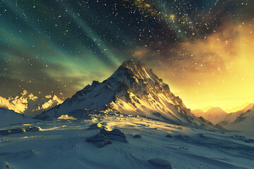 Golden snow-capped mountain looms over vast land, mystically lit by aurora. Wide-angle lens captures dreamlike landscape with glittering magic