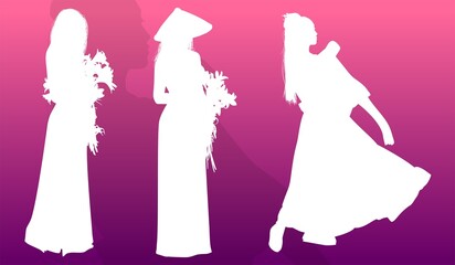 silueta, princesas, xv, boda, vestido de novia, vector, moda, ilustracion, quinceañera, iconos, bride, novia, novios, matrimonio, modelo, india, china, japon