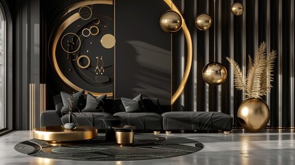 Obraz premium A modern black and gold home interior with a 3D effect, featuring abstract shapes and shadows