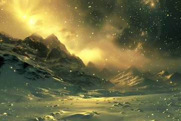 Crédence de cuisine en verre imprimé Kaki Golden snow-capped mountain looms over vast land, mystically lit by aurora. Wide-angle lens captures dreamlike landscape with glittering magic