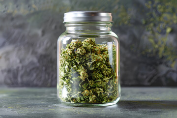 The jar is filled with dried cannabis buds. Marijuana on the table. copy space - obrazy, fototapety, plakaty