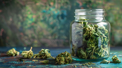 The jar is filled with dried cannabis buds. Marijuana on the table. copy space - obrazy, fototapety, plakaty
