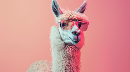 close up of a llama alpaca portrait wearing sunglasses with gradient backdrops