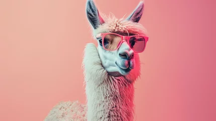 Selbstklebende Fototapeten close up of a llama alpaca portrait wearing sunglasses with gradient backdrops © Shahir