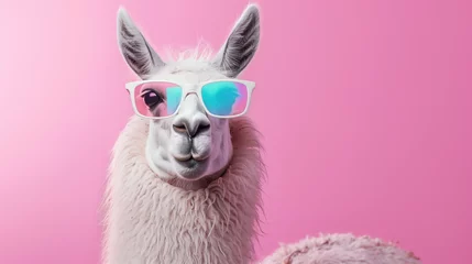 Foto op Plexiglas close up of a llama alpaca portrait wearing sunglasses with gradient backdrops © Shahir