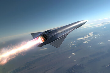 Hypersonic missile streaking through the sky at incredibly high speeds. Concept of modern war, air attack. 