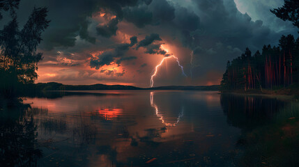 lightning and thunderstorm over the lake in the forest. summer warm thunderstorm. summer concept wide-angle lens