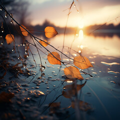 water drop fall from sky at a lake, autumn, little of twigs on the right, sunset created with Generative Ai