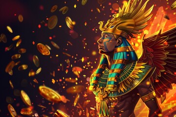 Majestic Pharaoh with Fire Wings - An artistic rendering of a Pharaoh with fiery wings among a cascade of coins symbolizing divine power