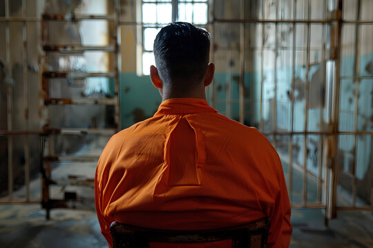 A male prisoner clad in an orange jumpsuit sits alone within the confines of a prison cell, isolated in solitary confinement