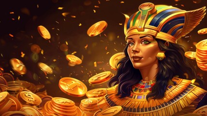 Stylized Egyptian Queen and Coins - Highly detailed portrait of an Egyptian queen with shimmering coins - obrazy, fototapety, plakaty