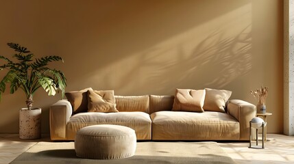 Interior of living room with sofa and pouf 3d rendering
