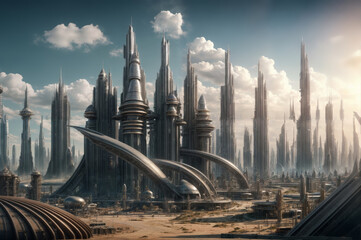 Futuristic city with skyscrapers and high-rise buildings
