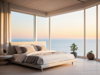 Luxury bedroom with ocean sunset view