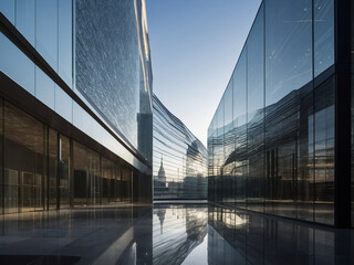 Modern office building facade with reflections - obrazy, fototapety, plakaty