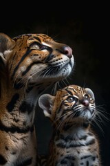 Obraz premium Male ocelot with kitten, object on right, ample space on left for text placement