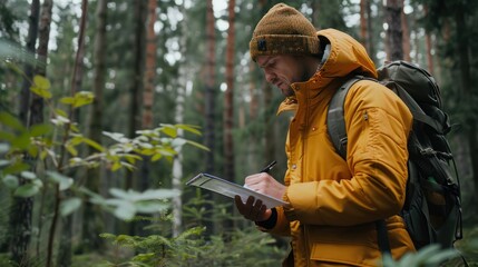 Naklejka premium Ecologist on fieldwork. Forester examines trees in their natural condition in the forest and taking samples for in-depth research. Ecosystem care and sustainability.