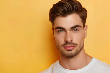 Handsome young male model on flat color background with copy space. Fashionable, well-groomed man showcases grooming beauty products for men.





