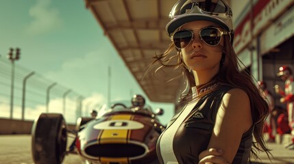  a fierce racing girl standing in the pit of an old  track, with a vintage racing car revving behind her - obrazy, fototapety, plakaty