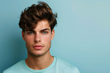 Obraz premium Handsome young male model on flat color background with copy space. Fashionable, well-groomed man showcases grooming beauty products for men.
