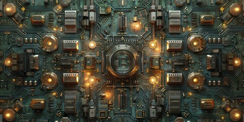 Visualize Bitcoin mining: digital nodes on a symmetrical circuit board depict operations with precision and complexity.