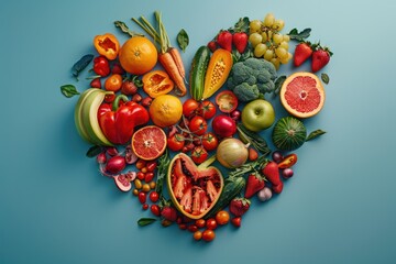 Naklejka na ściany i meble Heart shape made with different vegetables and fruits Vegan Day