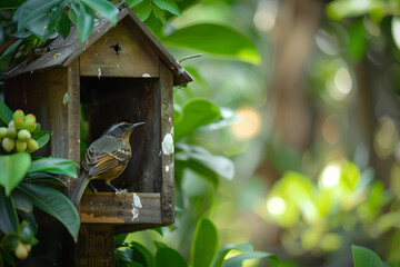 Naklejka premium a bird perched calmly at the entrance of a wooden birdhouse surrounded by lush foliage, offering ample copy space.