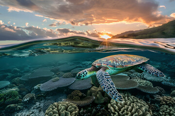 A large green sea turtle swims through the magnificent Great Barrier Reef. Marine life, nature and ecology concept