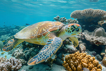 A large green sea turtle swims through the magnificent Great Barrier Reef. Marine life, nature and ecology concept