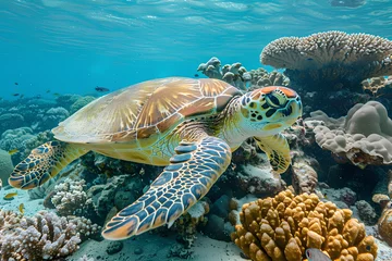 Foto auf Acrylglas A large green sea turtle swims through the magnificent Great Barrier Reef. Marine life, nature and ecology concept © Uliana