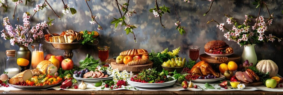 Lavish banquet table with a variety of foods - An opulent feast setup with an array of gourmet foods and flowers, reflecting abundance and luxury