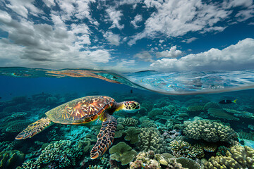 Obraz na płótnie Canvas A large green sea turtle swims through the magnificent Great Barrier Reef. Marine life, nature and ecology concept