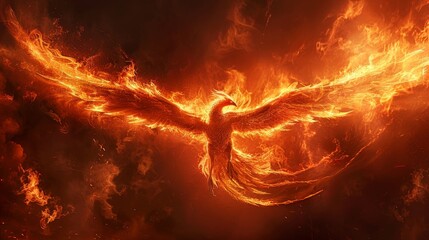 Majestic phoenix bird with fiery sparks on dark background, mythical firebird display - obrazy, fototapety, plakaty