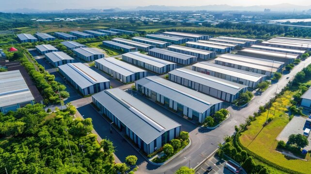 Aerial view of industrial warehouse complex - A drone's perspective on a neatly organized industrial warehouse complex amid greenery and clear skies