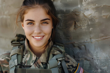 Smiling  beautiful military woman portrait with copy space. Young Woman Military soldier. USA Army
 - obrazy, fototapety, plakaty