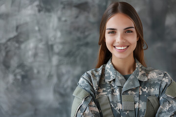 Smiling  beautiful military woman portrait with copy space. Young Woman Military soldier. USA Army
