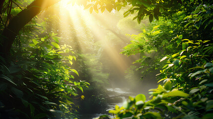 Obraz premium Morning sun shining through a lush forest onto a sparkling stream with smooth rocks and greenery. 