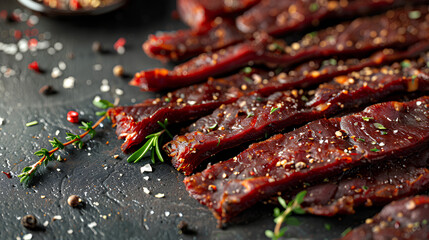 Close-up of spiced smoked beef jerky, adorned with herbs and spices, set against a table background with ample copy space