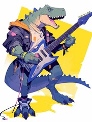 Dino Trex Playing Guitar Illustration