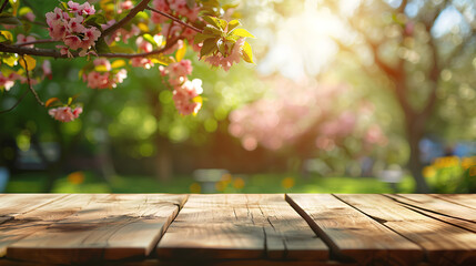 Naklejka na ściany i meble Spring Table With Trees In Blooming And Defocused Sunny Garden In Background