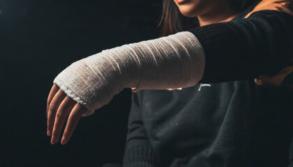 hand, arm, injury, woman, bandage, showing, black background