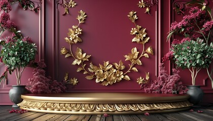 empty Podium and baroque gold motifs on red background, elegant style, used for displaying products