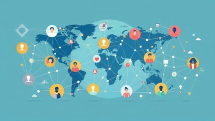 Global connectivity and international network - Illustration of a connected world map with human icons and social media symbols depicting international communications - obrazy, fototapety, plakaty