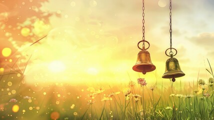 Obraz premium Golden bells hanging in sunny nature - Golden temple bells hanging among wildflowers, with sunlight creating a warm, dreamy atmosphere
