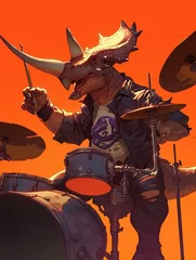 Crédence de cuisine en verre imprimé Dinosaures Triceratops Musician Playing Drum